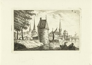 Stadtansicht mit Turm am Fluss