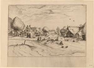 Dorf mit Schafen und sitzendem Schäfer