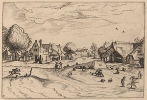 Dorf mit Schafen und sitzendem Hirten