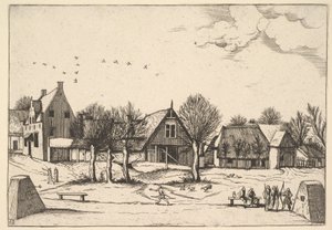Dorf auf dem Land, Bogenschützen im Vordergrund aus Multifariarum casularum ruriumque linea, 1559-61 von Johannes van Doetecum I