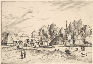 Dorf mit Kirchturm aus Multifariarum casularum ruriumque lineamenta cur..., 1559-61 von Johannes van Doetecum I