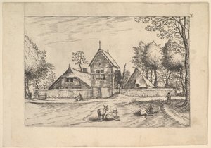 Bauernhof, Kühe und Hirte im Vordergrund aus Praediorum villarum et rusticar...