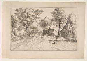 Dorfstraße mit einem Bauernhof und Schuppen, aus der Serie Die kleinen Landschaften Multifariaru... von Johannes van Doetecum I