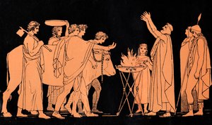 Nestor, König von Pylos und ehemaliger Krieger im Trojanischen Krieg, opfert Stiere an Poseidon, Szene aus 