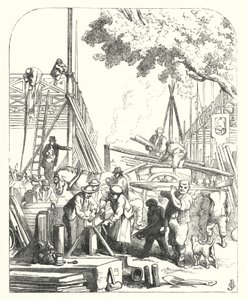 Arbeiter auf dem Gelände des Kristallpalastes, Hyde Park, London, Veranstaltungsort der Großen Ausstellung von 1851 (Stich) von John (after) Gilbert