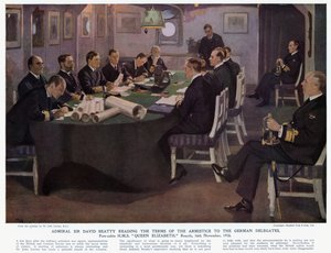 Admiral Sir David Beatty liest den deutschen Delegierten die Bedingungen des Waffenstillstands vor, Vorkabine HMS Queen Elizabeth, Rosyth