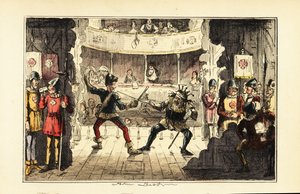 Schauspieler spielen Heinrich Tudor, der gegen König Richard III. von England auf einer Theaterbühne kämpft von John (after) Leech