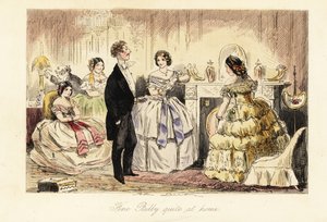 Englischer Gentleman besucht eine Dame und ihre Töchter in einem Wohnzimmer von John (after) Leech