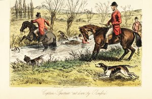 Englischer Jäger durchquert einen Fluss mit Fuchshunden von John (after) Leech