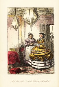 Englische Dame begutachtet ein elegantes Zimmer mit abgedeckten Möbeln und Kronleuchtern in braunen Hollandballons von John (after) Leech