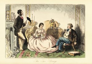Dame im Reifrockkleid mit zwei Herrenbesuchern in einem Salon von John (after) Leech