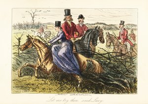 Dame reitet im Damensattel auf einem Pferd, das während einer Fuchsjagd in einem Zaun stecken bleibt von John (after) Leech