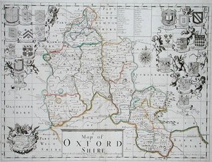 Karte von Oxfordshire, gestochen und handkoloriert von John Oliver und Richard Palmer, veröffentlicht von Philip Lea, ca. 1690