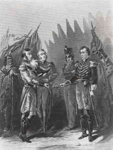 Die Kapitulation des amerikanischen Generals William Hull an britische Truppen und indianische Krieger in Detroit, 15. Juli von Walter Charles Mills