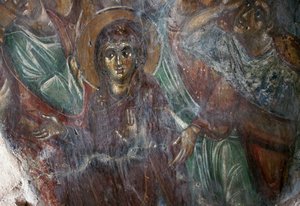 Fresko eines Heiligen in der byzantinischen Kirche Ayios Stephanos, Drakona, Kreta, Griechenland
