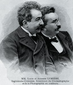 Porträt von Auguste Marie Louis Nicolas Lumiere (1862-1954) und Louis Jean Lumiere (1864-1948), französische Unternehmer und Erfinder des Filmprojektors, Gravur nach Fotografie von Walter Charles Mills