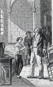 Der Dauphin Louis Charles und sein Betreuer Antoine Simon im Tempelgefängnis, Gravur von Philippoteaux und Girardet, Französische Revolution, Frankreich