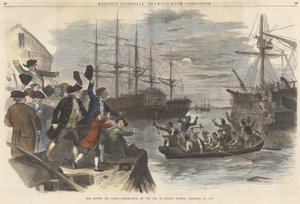 Die Boston Tea Party – Zerstörung des Tees im Hafen von Boston, 16. Dezember 1773, aus Ballous Pictorial Drawing-Room Companion, veröffentlicht 1865 von John Andrew