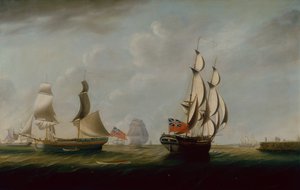 Zwei englische Kohlefrachter vor Whitby mit weiteren Schiffen im Hintergrund von John Askew