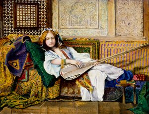 "Im Harem" Frau in orientalischer Kleidung auf einem Diwan liegend, eine Zister (Laute) haltend