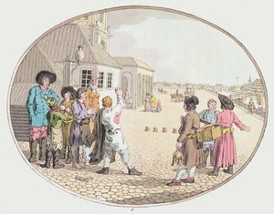 Russische Dorfszene, frühes 19. Jahrhundert (handkolorierte Radierung) von John Augustus Atkinson
