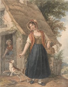 Junge Frau mit Hund vor einer Hüttentür