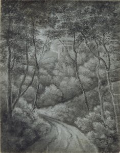 Landschaft mit einem Pfad durch einen Wald und einem klassischen Tempel