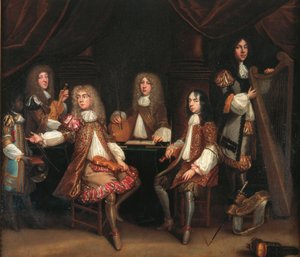 Das Karmesinrote Schlafzimmer, Porträtgruppe von Herren mit Musikinstrumenten, traditionell als Darstellung des Kabinettsministeriums von König Karl II. bezeichnet
