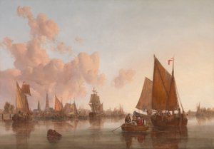 Segelboote und Lastkähne auf einem niederländischen (?) Ästuar von John Berney Crome