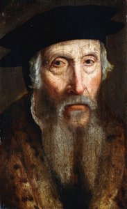 Porträt eines bärtigen Mannes, Brustlänge, in einem pelzbesetzten Mantel und schwarzem Hut, ca. 1547 von John Bettes