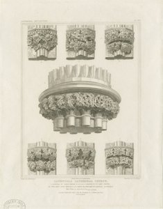 Innenansicht der Kathedrale von Lichfield - Cluster-Säule im Kapitelhaus und Konsolen in der Marienkapelle: Gravur, undatiert [ca. 1819]