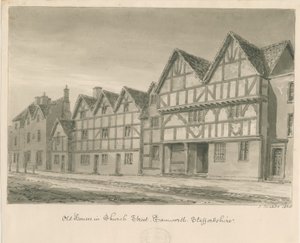 Tamworth - Alte Häuser in der Church Street: Sepiawaschzeichnung, 1838