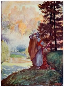 Christian und Hopeful erblicken die Himmlische Stadt aus The Pilgrims Progress From This World, To That Which Is To Come von John Bunyan (1628-1688) Illustration von Byam Shaw (1872-1919) von John Byam Liston Shaw