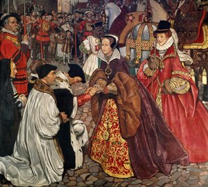 Königin Maria (1516-58) und Prinzessin Elisabeth (1533-1603) betreten London, 1553, 1910