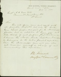 Brief unterschrieben J.C. Fremont, Major General Commanding, Hauptquartier, Western Department, Lager bei Tipton, an Kapitän A.H. Foote, U.S.N. Kommandant der Marinekräfte H.D., St. Louis, 11. Oktober 1861 von John Charles Frémont