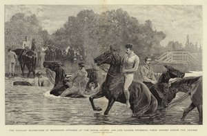 Die Kavalleriemanöver in Berkshire, Offiziere der Horse Guards und Life Guards schwimmen mit ihren Pferden über die Themse