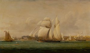 Ein Toppsegel-Schoner, zwei Royal Yacht Squadron Cutter und ein amerikanisches Handelsschiff von John Christian Schetky
