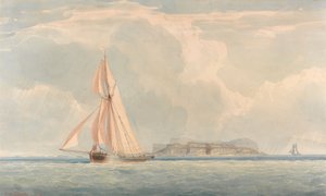 Boot segelt nach links mit Insel im Hintergrund von John Christian Schetky