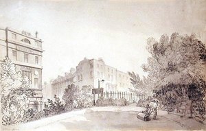 Ansicht des Fitzroy Square mit zwei Figuren, die eine Gartenwalze ziehen, ca. 1808 von John Claude Nattes