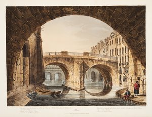 Ansicht unter dem ersten Bogen der Brücke des Hôtel-Dieu, die Kleine Brücke, Teil des Hôtel-Dieu, Illustration aus Versailles, Paris und Saint Denis, veröffentlicht 1809