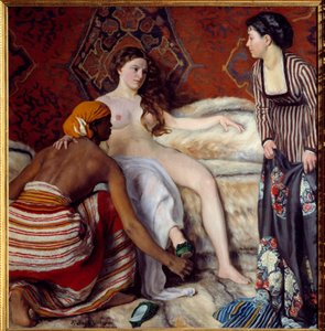 Orientalismus: Die Toilette Eine junge weiße Frau wird von ihren zwei Mägden bei der Toilette unterstützt. Gemälde von Frederic Bazille 1869 Montpellier, Musee Fabre von John Clayton Adams