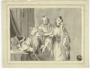 Literarische Illustration: Alter Mann hält junge Frau zurück, die von älterer Frau begleitet wird von John Collet