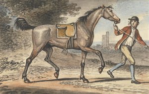 Stalljunge führt ein trabendes Pferd in einer Landschaft mit einem Burgturm von John Collet