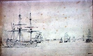Ein Schiff vor Anker und andere Schiffe auf der Themse von John Constable