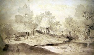 Ein Teich in Suffolk, mit Hütten in der Ferne von John Constable