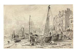 Gestrandete Fischerboote mit Fischern, die Netze am Strand von Brighton reparieren, Blick nach Westen, ca. 1824-28 von John Constable
