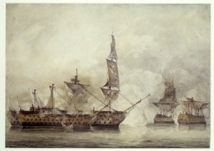 Die „Victory“ bei Trafalgar zwischen zwei französischen Schiffen (1805). Zeichnung von John Constable