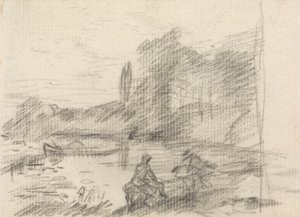 Zwei Figuren an einem Fluss