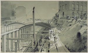 Bau der Stützmauern in der Park Street, Camden Town, September 1836 von John Cooke Bourne