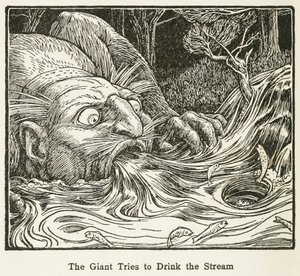 Der Riese versucht, den Bach zu trinken, aus Europas Märchenbuch, veröffentlicht 1916 (Gravur)